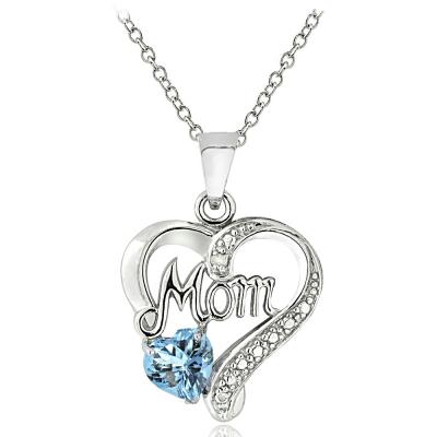 Sterling Silver Blue Topaz & Diamond Accent 'Mom' Heart Pendant
