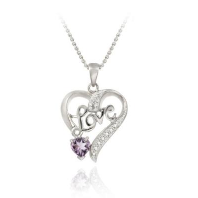 Sterling Silver Amethyst & Diamond Accent 'Love' Heart Pendant