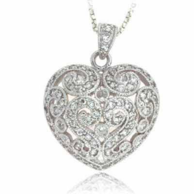 Sterling Silver CZ Filigree Heart Pendant