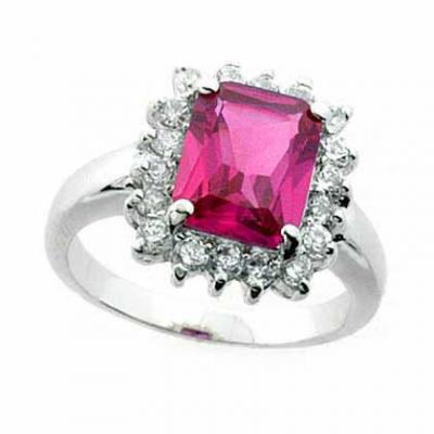 Sterling Silver Rectangle Created Pink Sapphire & CZ Ring Size 8