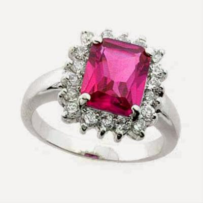 Sterling Silver Rectangle Lab Created Pink Sapphire and Simulated Diamond CZ Ring