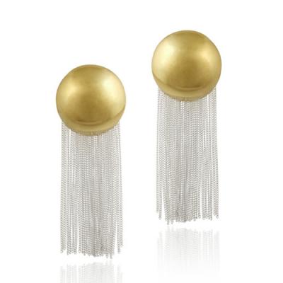 18K Gold over Sterling Silver Two Tone Button and Dangling Chains Earrings