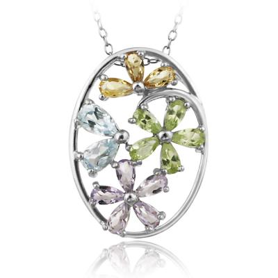 Sterling Silver Multi Gemstone Oval Flower Pendant