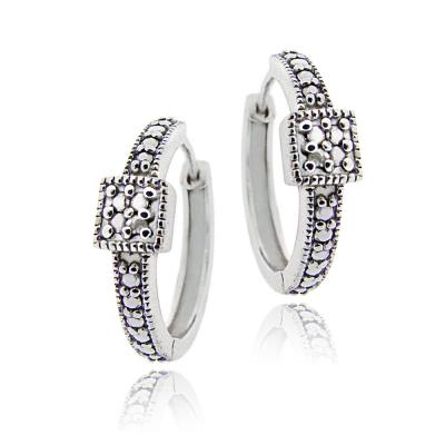 Sterling Silver Diamond Accent Square Design  Hoop Earrings