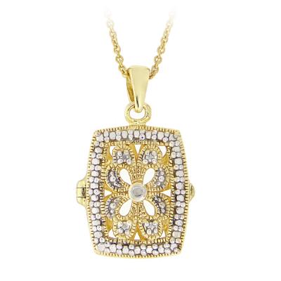 18K Gold over Sterling Silver Diamond Accent Filigree Rectangle Locket Necklace