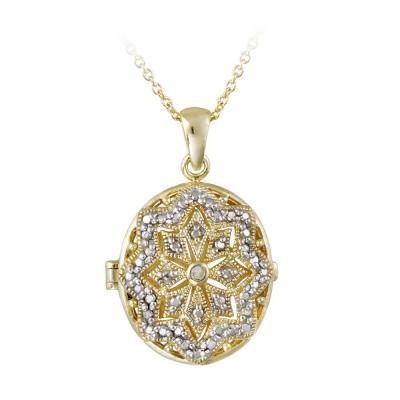 18K Gold over Sterling Silver Diamond Accent Filigree Oval Locket Necklace