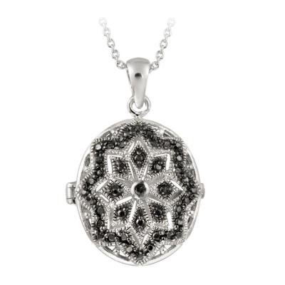 Sterling Silver Black Diamond Accent Filigree Oval Locket Necklace