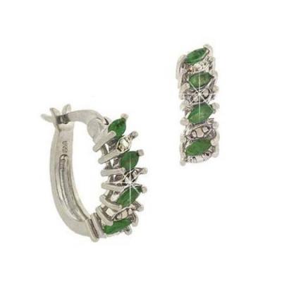 Sterling Silver .925 Genuine Emerald Stone Marquise Cut Genuine Diamond Accent Hoop Earrings