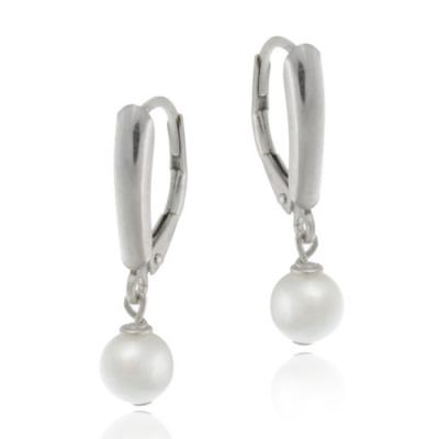 Sterling Silver White Simulated Pearl Leverback Earrings