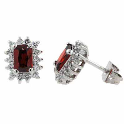 Sterling Silver Red & White CZ Rectangle Stud Earrings