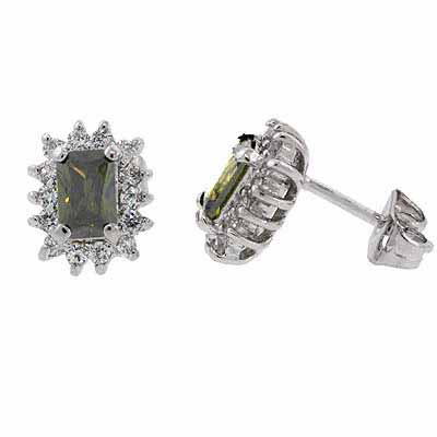 Sterling Silver Olive Green & White CZ Flower Stud Earrings