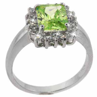 Sterling Silver Light Green & Clear CZ Square Ring Size 6