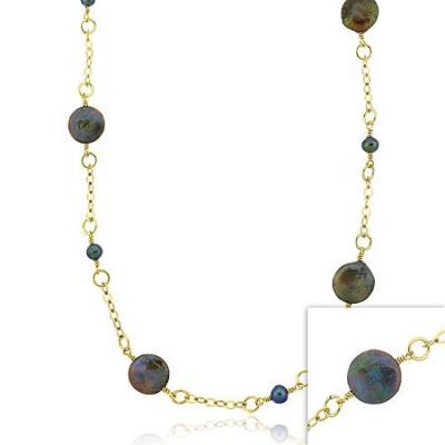 Vermeil (24k Gold over Sterling Silver) Genuine Freshwater Cultured  round Black & Green Coin Pearl leaf link Long Necklace 30'