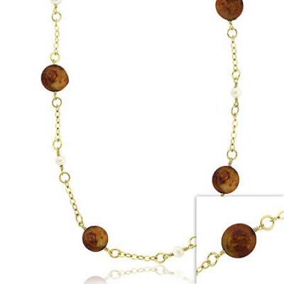 18K Gold over Sterling Silver Freshwater Cultured Golden Coin & White Pearl Chain Necklace, 30 inch