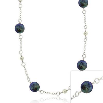 Sterling Silver Genuine Freshwater Cultured round Black & Gray Coin Pearl leaf link Long Necklace 30'