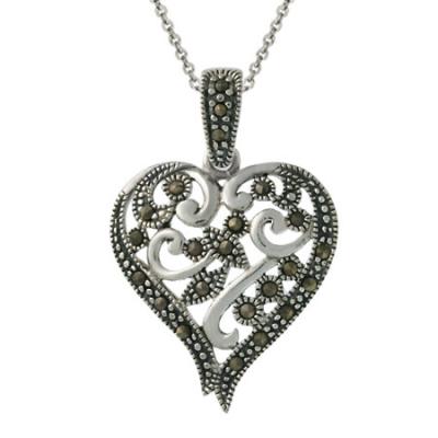 Sterling Silver Marcasite & Filigree Swirl Heart Pendant