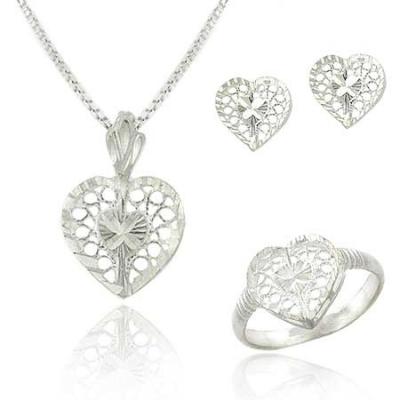 Sterling Silver Filigree Heart Pendant Necklace, Stud Earrings, Ring- Jewelry Set