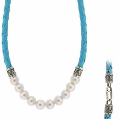 Turquoise Blue Braided Leather simulated Pearl Silver Necklace