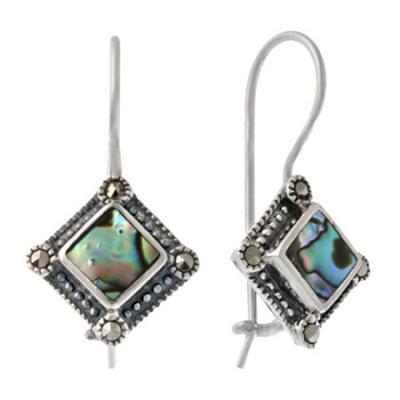Sterling Silver Marcasite & Abalone Diamond Shaped Earrings