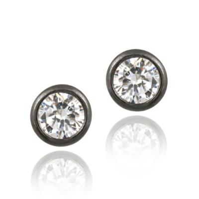 Black Rhodium Overlay Sterling Silver CZ Bezel Set Martini Stud Earrings, 6mm