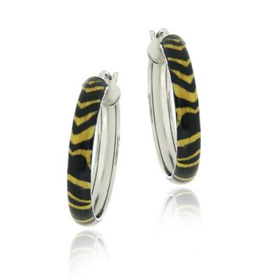 Sterling Silver Enamel Tiger Print 25mm Hoop Earrings