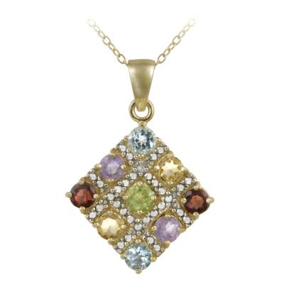 18K Gold over Sterling Silver Multi Color Gemstone & Diamond Accent Diamond Shape Pendant