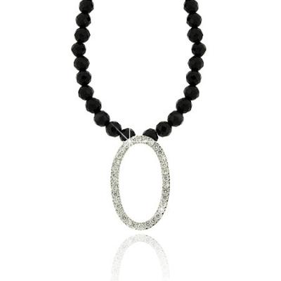 Sterling Silver Faceted Genuine Onyx stone bead Diamond cz Oval Necklace