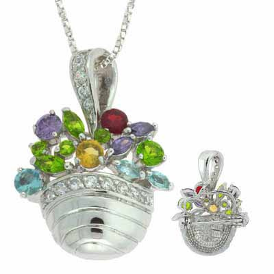 Multi Color Green, Purple, Light Blue, Yellow,Red, and Diamond Cubic Zirconia Stones Flower Basket Pin/Pendant