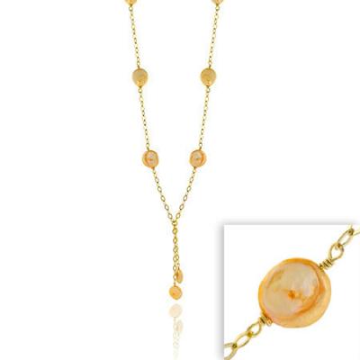 18K Gold over Sterling Silver Freshwater Cultured Peach Coin Pearl Lariat Necklace