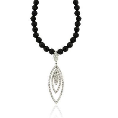Sterling Silver Faceted Genuine Onyx Stone Bead Pave Diamond cz Leaf Necklace