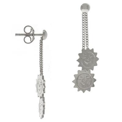 Sterling Silver .925 Smiley Sun Charm Dangle Chain Earrings