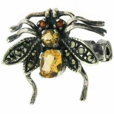 Sterling Silver Genuine Marcasite Orange Red and Light Yellow CZ Fly Pin