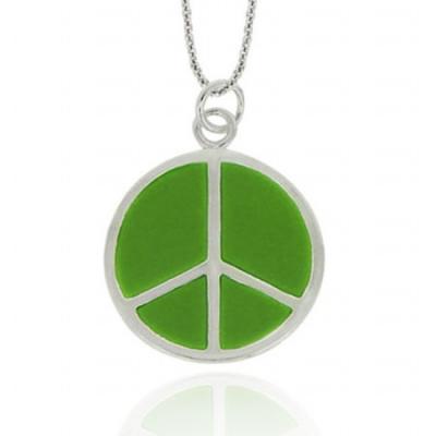 Sterling Silver Green Enamel Peace Sign Pendant