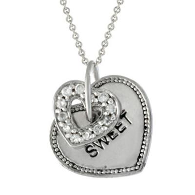 Sterling Silver CZ Heart & Heart Tag Sweet Pendant