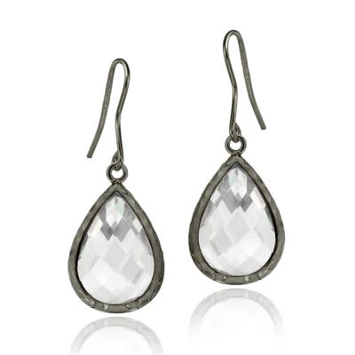 Black Rhodium Overlay Sterling Silver 8ct CZ Teardrop Brushed Dangle Earrings