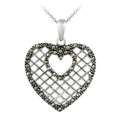 Sterling Silver Marcasite Grid Heart Pendant