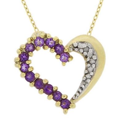 18K Gold over Sterling Silver .48ct Amethyst & Diamond Accent Heart Pendant