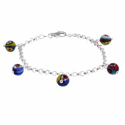 Sterling Silver Millefiori Multi Color Murano Glass Bead Bracelet