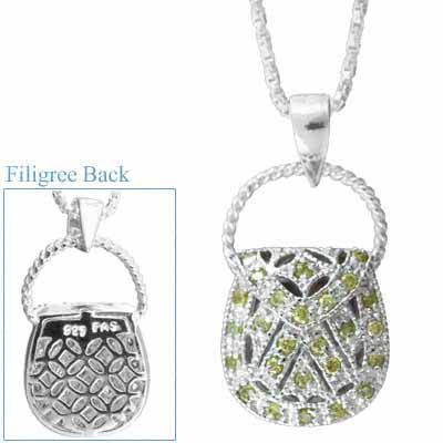 Sterling Silver Filigree Olive Color Cubic Zirconia Purse Pendant