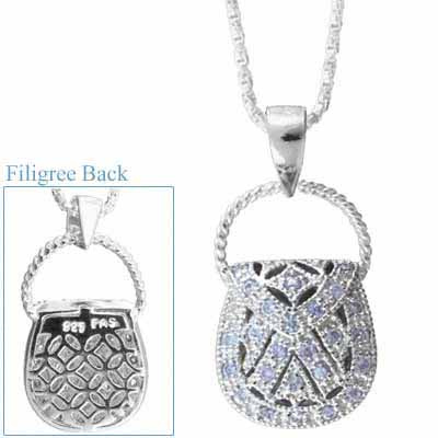 Sterling Silver Purse Filigree Lavender Cubic Zirconia Pendant