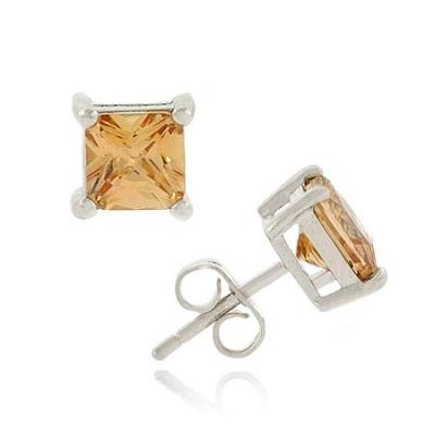 Sterling Silver .925 Champagne cz Stone Prong Square 6mm Stud Earrings