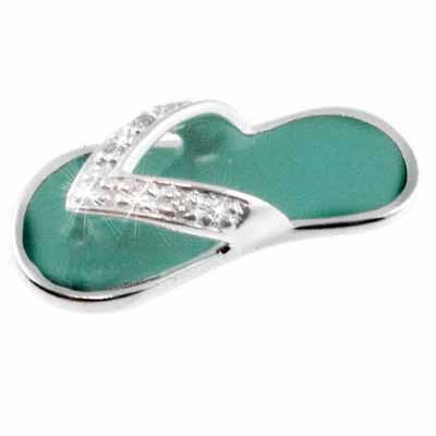 Celebrity Sterling Silver Simulated Diamond CZ and Turquoise Enamel  Flip Flop Sandal Pendant