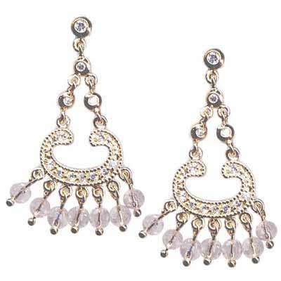 18K Gold over Sterling Silver Pink & Clear CZ Beads Chandelier Earrings