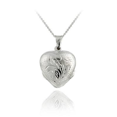 Sterling Silver Etched Flower Design Heart 4-Way Locket Pendant