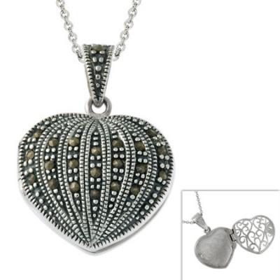 Sterling Silver Marcasite Heart Locket Pendant