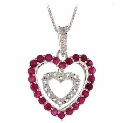 Sterling Silver Ruby & CZ Heart within a Heart Pendant