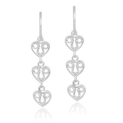 Sterling Silver 3 Filigree Hearts Dangle Earrings