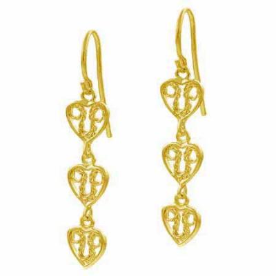 18K Gold over Sterling Silver Filigree Three Heart Dangle Earrings