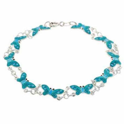 Sterling Silver Light Blue Enamel Butterfly Link Bracelet
