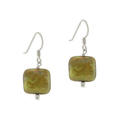 Sterling Silver Green-Gold Freshwater Cultured Coin Pearl Square Dangle Earrings